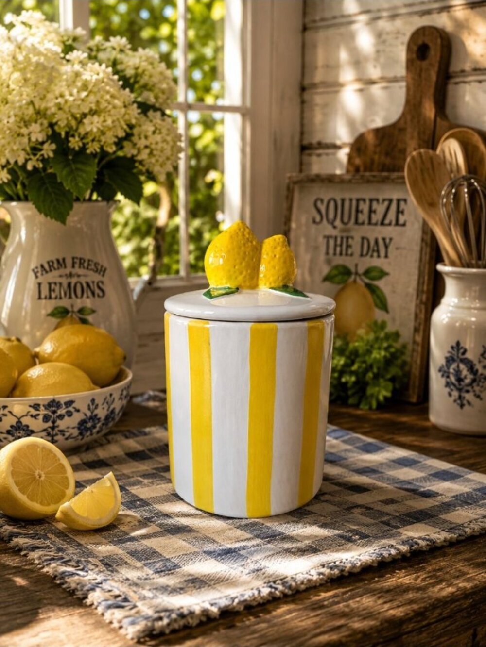 NEW White & Yellow Shabby Chic Ceramic Lemon / Sugar Jar Kitchen Canister